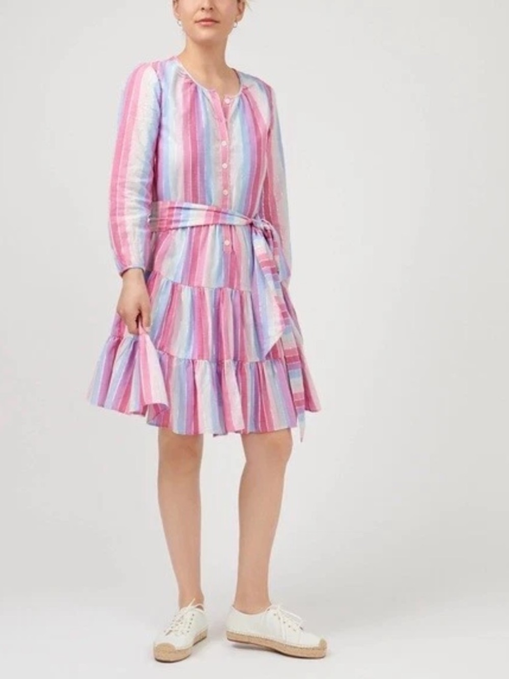 J.Crew Pastel Silver Metallic Striped Tiered Ruffle Long Sleeve Dress Small Tall